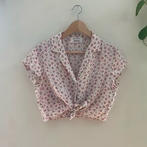 Reformation Cherry Print Collared Tie Crop Top